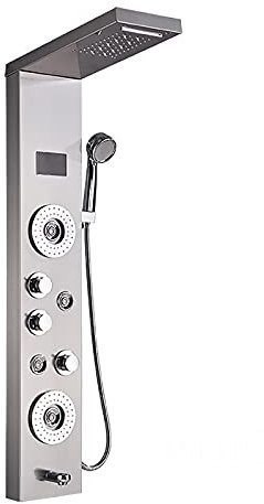 Shower Set LED Panel de Ducha Termostática Columna de Hidromasaje Ducha Pantalla Digital Columna de Ducha con Alcachofa de Ducha, Ducha de Mano, Chorros de Masaje, Grifo de Bañera,Brushed Nickel