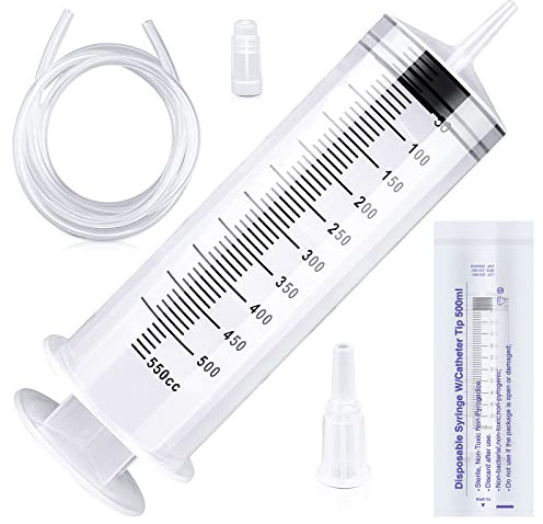 Large Capacity Plastic Syringe with 1m Tube,for Liquids, Oil or Glue Applicator, Experiments, Pet Feeding,Plant irrigation Labor&Science Use（550ml）