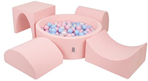 KiddyMoon Spielplatz Aus Schaumstoff Mit Rund Bällebad (300 Bälle) Ballgruben Für Babys Spielbad Hindernisläufen, Hergestellt In EU, Pink:Babyblue/Puderrosa/Perle
