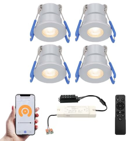 HOFTRONIC Milano - 4er Mini LED Einbaustrahler 12V Edelstahl - Smart Home - WiFi + Bluetooth - IP65 Wasserdicht Dimmbar - 2700K Warmweiß - Google Home, Alexa & Siri - für Terrassendach & Bad