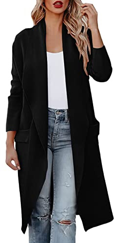Buetory Womens Duster Trench Coat Elegant Casual Lapel Open Front Draped Wool Blend Pea Coat Outerwear Windbreaker(Black,XX-Large)