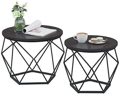 VASAGLE Runder Couchtisch, 2er Set, Beistelltisch, Sofabeistelltisch, moderner Stil, abnehmbare Platte, Stahlrahmen, für Wohnzimmer, Schwarz LET040B22