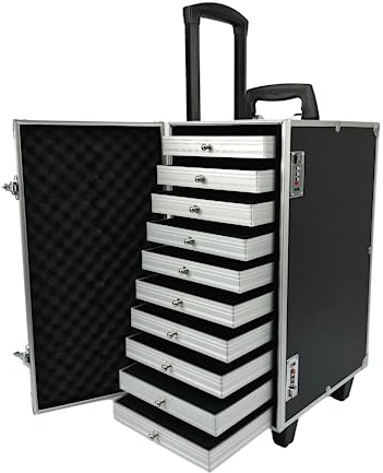 Rolling Jewelry Trolley Case Jewels Sets Display Organizer 10 Layer Removable Trays with Code Locks and Wheels (Black)