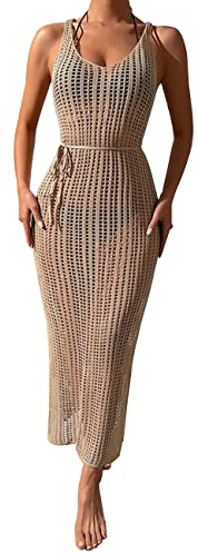 KOEMCY Copricostume Donna Mare Sexy Uncinetto Hollow out Senza Maniche Vestito da Spiaggia Lunghi con Spacco Laterale Copricostumi da Bagno Bikini Cover Up