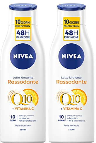 Nivea Q10 Feuchtigkeitsspendende Milch Vitamin C straffende Wirkung, elastisch, nährend, antioxidativ, 48 Stunden, gegen Inästhetiken, schnelle Absorption, für normale Haut, 2 Flaschen à 250 ml
