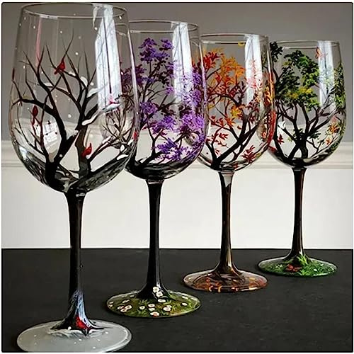 Copas de vino de árbol de cuatro estaciones, copas de diseño de cuatro estaciones, copas de vino de arte pintadas a mano, copas únicas, aptas para tazas de regalo decorativas de oficina en casa