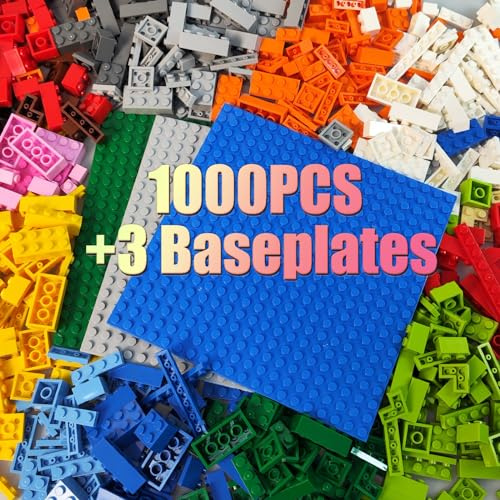 HUIZDQ 1000 Pieces Building Blocks, Classic Stackable Base Plates, 3 6.3 x 6.3 Blue, Gray and Green Base Plates,Compatible with All Major Brands