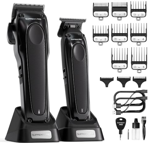 SUPRENT Haarschneidemaschine Profi für Herren, DLC-Beschichtete Klinge | Leistungskompensatormotor- Akku-Haarschneider-Set für Friseure mit Ladestation- Haarschneide Geschenk für Männer