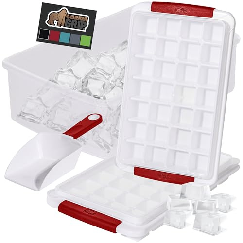 GORILLA GRIP BPA-Free Easy Release Ice Cube Tray for Freezer, Make Lots of Ice, 56 Cubes Total, Kit Includes 2 Stackable Leakproof Trays with Lid and Soft Handle Grips, Scooper, Bin, For Coffee, Red