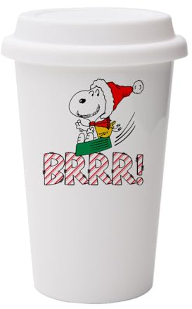 Getagift Snoopy BRR!, Christmas Snoopy with Santa Cap, Wall Eco Insulated White Ceramic Travel Mug, with White Lid.