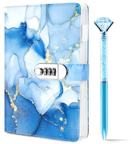 Koogel Diary with Lock, A5 PU Leather Journal with Lock 120 Sheets Blue Password Locked Travel Notebook with Pen