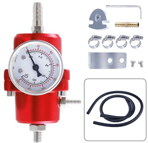 CarBole Regulador de presión de combustible para coche, 1-140 psi, regulador de presión de gasolina, aleación de aluminio con manómetro y manguera
