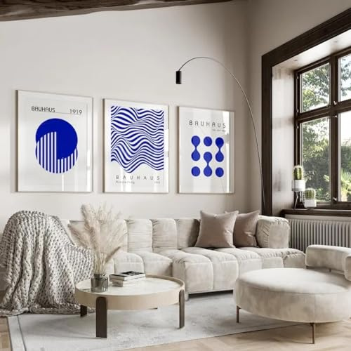 RDRDtbtr Blaue Bauhaus-Ausstellungsmusterlinie Leinwandgemälde Poster Kunstdrucke minimalistische Retro-Wand Bilder modernes Bild Wohnzimmer Heimdekoration 50 x 70 cm x 3 ungerahmt