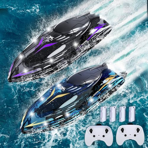 JONRRYIN Ferngesteuertes Boot 2 Stück, RC Boot mit LED-Licht für Pools und Seen, 2,4 GHz Ferngesteuerte Boote RC Rennboot, Speedboot Poolspielzeug für Kinder und Erwachsene