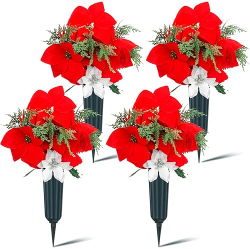Thiccywoov Künstliche Friedhofsblumen, für den Außenbereich, Grabschmuck, Weihnachtsstern, Gedenkblumen, begleitet von 2 langen Nagelvasen, dauerhafte und nicht blutende Farben, für Friedhof,