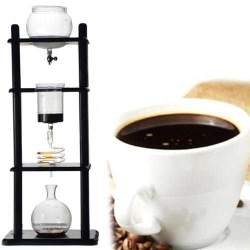 ExoticaBlend Cold Brew Drip Tower Iced Coffee Maker Vertical Japanese Style Glass Container and Wood Stand 5-8 Cups for Commercial Office