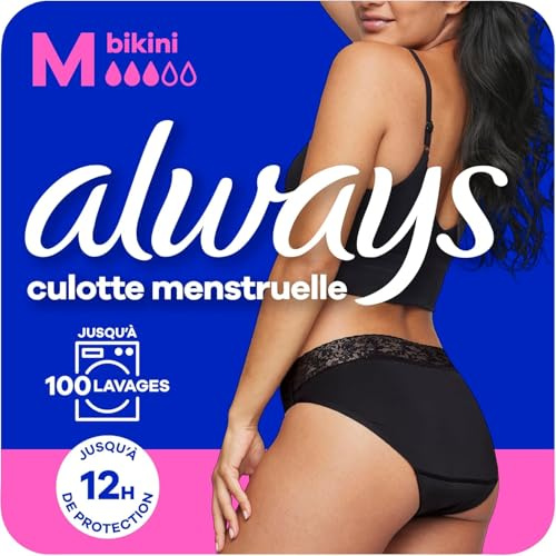 Always - Culotte Menstruelle Bikini Lavable, M, 40-42, 1 sous-vêtement Menstruel, Noir, Flux Moyen, Réutilisable Jusqu’à 100 Lavages, Jusqu’à 12h De Protection, Confort Toute la Journée