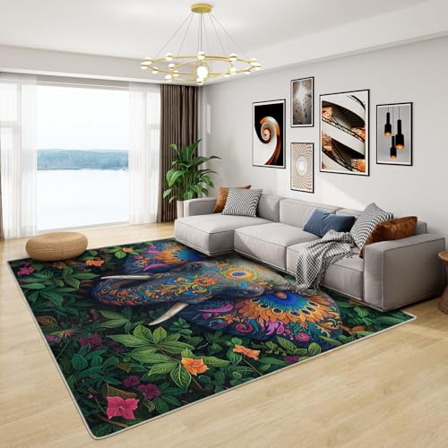 Teppich Dschungel Urwald - Teppich Wohnzimmer Schlafzimmer Elefant, Großer Teppich Tropische Pflanzen Bunt, Weich Kurzflor & Waschbar & rutschfest Wohnzimmerteppich, Kinderteppich, 120x170 cm