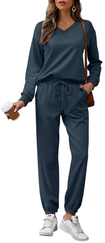REORIA Damen Baumwolle Jogginganzug V-Ausschnitt Zweiteiler Elegant Langarm Trainingsanzug Hausanzug Sport Set Lounge Set Marineblau XL