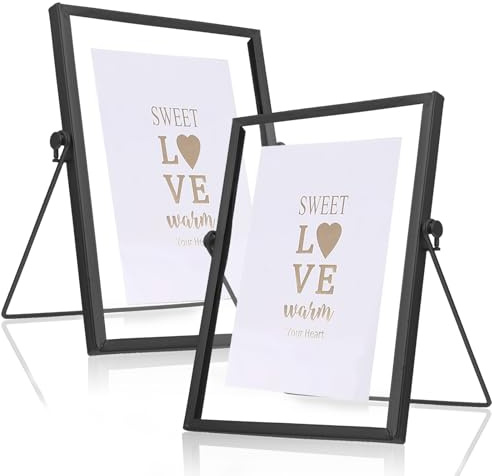 BOUFEIDA 2er Glasbilderrahmen A5, Bilderrahmen 15x20cm, Bilderrahmen Schwarz Stehend Glas, Retro Metall Fotorahmen Winkel der Klammer 40°für Fotos, Desktop-Deko, Pflanzenexemplen Tischdisplay