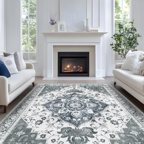 Luogort Grau Teppich Wohnzimmer 140x200cm, Waschbarer Vintage Teppich Kurzflor Teppiche mit Rutschfester Rückseite – Weich, Kindersicher & Pflegeleicht für Büro Esszimmer Kinderzimmer