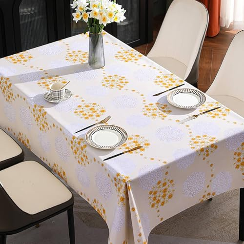 ANAZOZ Nappe Impermeable, Imprimé Fleurs Hortensia, Jaune, PVC, Nappe Exterieure Jardin Rectangulaire, 140x200CM, Couverture Protection Décorative