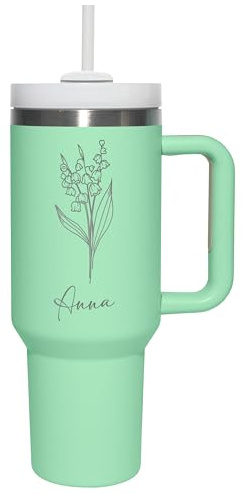 Thermobecher personalisiert „Wunschname“ mit Gravur & Blumen-Motiv - Trinkbecher mit Deckel und Strohhalm 1,2 l / 40 oz - personalisiertes Geschenk Geburtstag Weihnachten - Farbe Mint