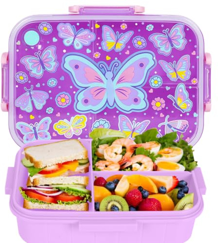 PinkSheep Bento Lunch Boxes for Kids, 1200 ml BPA-Free Leak-Proof Children Food Containers with 3 Compartments (Butterfly)
