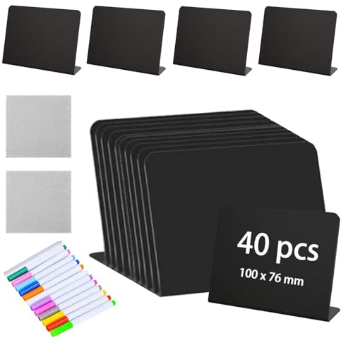 Mini Tafeln Kunststoff Wiederverwendbar, 40 Stück L-Form Kleine Kreidetafeln zum Beschriften, Mini Tafeln zum Beschriften mit 2 Putztuch und Stift, 100x76MM, für Buffet, Bäckerei, Party