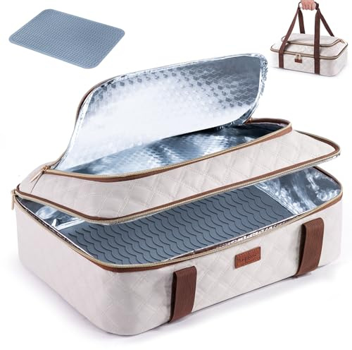 BAGSPRITE Insulated Casserole Carrier for Hot or Cold Food with Heat-resistant Mat, Casserole Dish Carrier Insulated Food Carrier, Hot Food Carrier, Foil Pan Carrier Fits 9 x 13 Baking Dish