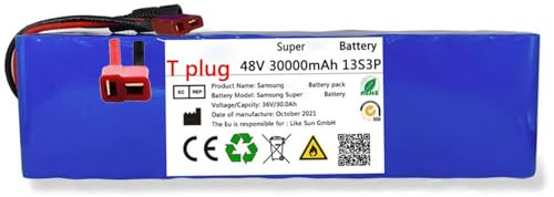 Batterie Au Lithium pour Vélo Électrique 48V 30Ah Batterie Lithium-ION pour Vélo Pliant Électrique pour Moteur de Vélo et Scooter Électrique 100W 200W 500W 750W 1000W T Plug,48V 30Ah