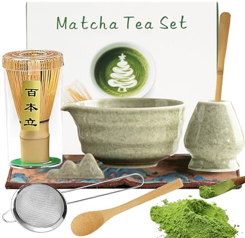 DFADKYWU 8 Stück Premium Matcha Set, Matcha-Schale, 2 Teelöffel, Sieb, Matcha-Besenhalter, Macha-Besenständer, Geschirrtuch, Kleiner Stifthalter – Macha-Tea Sets für Matcha-Liebhaber