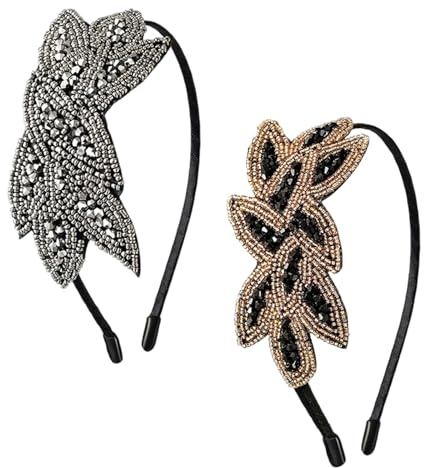 Werownsgso 2 Stück 1920er Haarreife Stirnband Damen Gatsby Kostüm Accessoires Blatt Perlen Haarschmuck Flapper-Stirnband für Karneval Hochzeit Party (Silber, Schwarz-Gold)