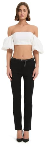 GLOWELFA Pantalon Femme Slim Stretch Taille Haute Évasé Bootcut Chic Et Élégant pour Travail Et Tailleur Effet Denim Noir(08751,S,Noir)