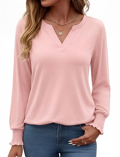 Gyabnw Blouses for Women UK Long Sleeve Tops V Neck Summer Tops Elegant Versatile Dressy Tunic Pink