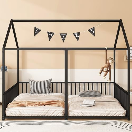 EURHCIO Deux Lit Cabane Enfant 90x200cm en Fer,Lit Au Sol Enfant 2 Places avec Barrière de lit de 40 cm de Haut,Sommier à Lattes Solide,pour Enfants(Noir 1, 90x200)