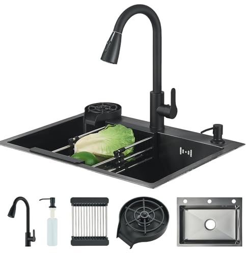 Hevenaov Fregadero Cocina 1 Seno Negro 60 x 45cm, Fregadero Cocina en Acero Inoxidable, Fregadero bajo Encimera o Sobre Encimera, con grifo extensible, dispensador de jabón, lavavasos (60x45cm)