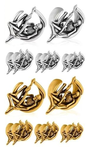 LGXLGX 1 Paar Kupfer Ohr Tunnels, U-förmiges Retro-Design mit Goldener Totenkopf-Sichel, Integrierter Dehner zum Stretchen, 8-25mm(Gold,16mm)