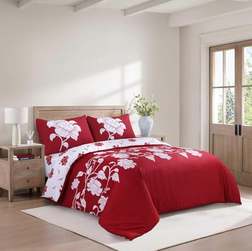 SAIMAZ 4Piece Printed Bedding Set Duvet Cover with Zipper Closure, Fitted Sheet & Pillow Cases Soft Brushed Microfibre Single Double King Super King Sizes (Richmond Red, King (U.K. Standard))