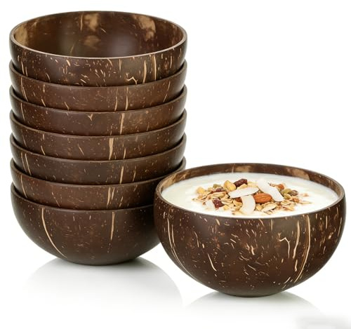 GOMETY Juego de 8 cuencos de coco, 650 ml, cáscaras de coco pulidas, cuenco de coco natural, hecho a mano, para arroz, postre, ensalada, fruta, cereales, veganos, regalos, decoración de cocina