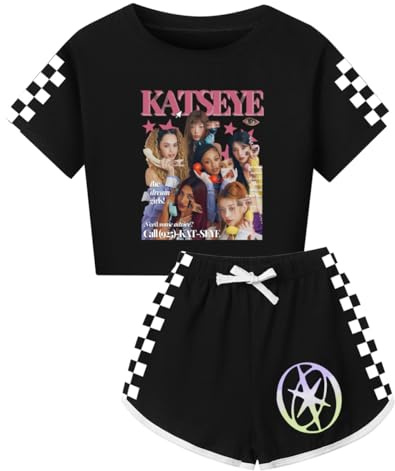 Temolie K-POP Katseye Merch - Conjunto de camiseta de manga corta y pantalones cortos para niñas, conjunto de ropa de yoga con estampado gráfico para fanáticos de la música, ropa de calle para niños