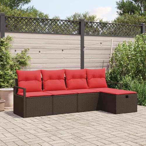 GeenYuu Sofa Set Poly-Rattan mit Kissen in Braun und Rot, wetterfestes Gartensofa mit Stauraum, modular für Terrasse Balkon und Veranda, leichtes Outdoor Lounge Ecksofa für entspanntes Relaxen
