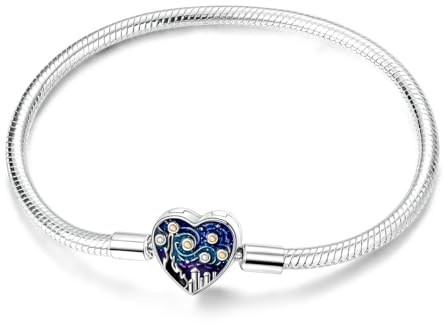 925 Sterling Silver Charm Bracelet for Women - Heart Clasp Snake Chain Jewelry for Pandora Charms, Timeless Gift for Her - Silver Heart