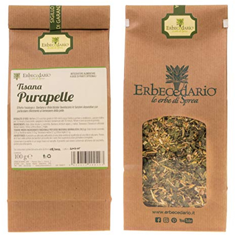Erbecedario - Purapelle Tisana depurativa da scorie e tossine per la pelle, diuretica e rimineralizzante. Tisana detox fegato al tarassaco. Tisana drenante. Tisana fredda, 1 Sacchetto 100g