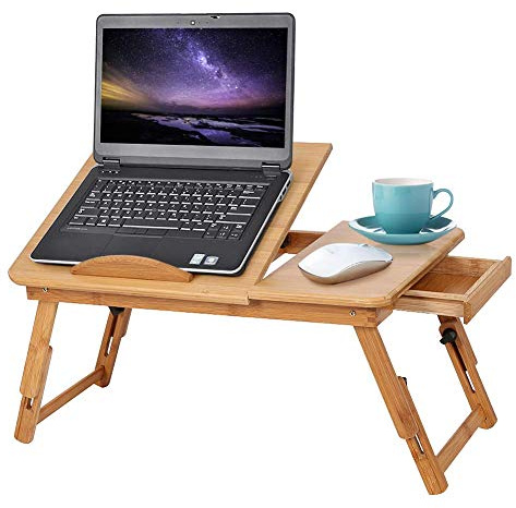 Mesa Ordenador Cama de bambú, Bandeja Cama Plegable Ajustable Estante para la Cama Bandeja de Lectura de Libros Mesa de Ordenador diseño de Flores con cajón