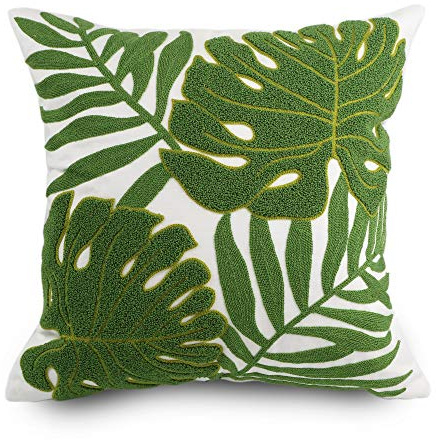 Hodeco Embroidery Throw Pillow Covers 18x18 Home Decor Loop Tropical Green Leave Floor Pillow Cover for Couch 100% Cotton Canvas Cushion Cover Pillow Case Plant Monstera Leaf 45x45, 1 Piece