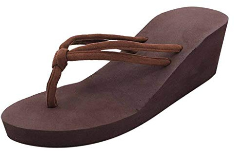 Sandalen Damen einfarbig rutschfeste Füße Flip-Flops High-Heeled Wedges Beach (39,Kaffee)
