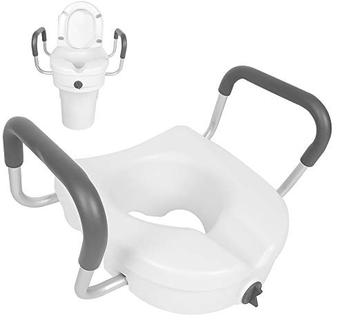 Tragbarer Toilettensitz, erhöhter Sitzerhöhungstoilettensitz für Badezimmer, anatomisch geformt mit Sicherheitsrahmen, stabil mit Befestigungssystem und bequemen Armlehnen für mehr Komfort