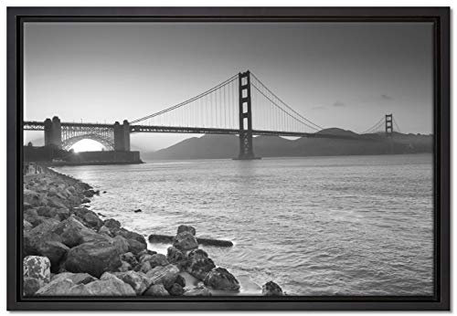Pixxprint wunderschöne Golden Gate Bridge Leinwandbild 60x40 cm im Bilderahmen, Wandbild, Schattenfugenrahmen, Kein Poster