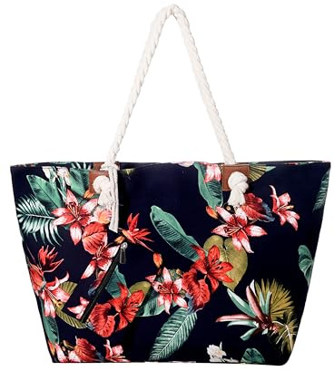 DonDon Strandtasche mit Reißverschluss, Große Strandtasche XXL, Shopper Tasche Damen - Praktische Beach bag Umhängetasche Damen Badetasche für Strand und Meer